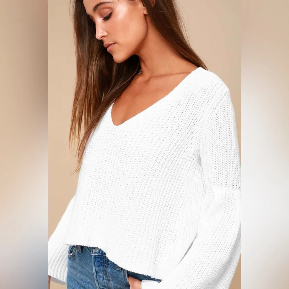 Free People Damsel Bell Sleeve Knit Sweater-White